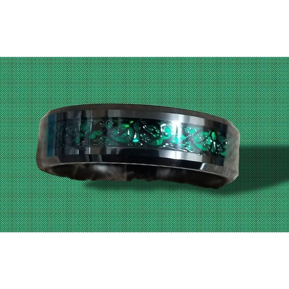 Black Tungsten Steel Band Ring, 7.5 Emerald Colored Inset Beveled Edge, Unisex, - Picture 1 of 5